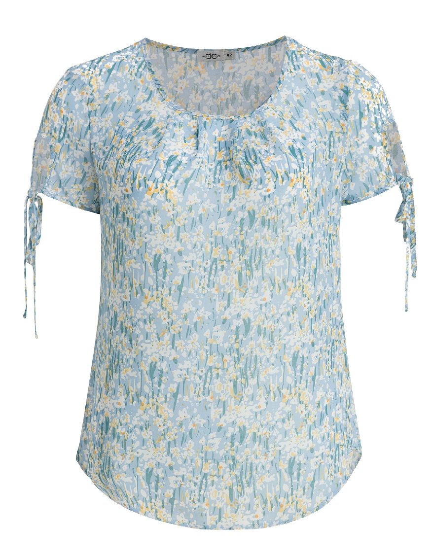 Блуза голубая с цветочным принтом с коротким рукавом