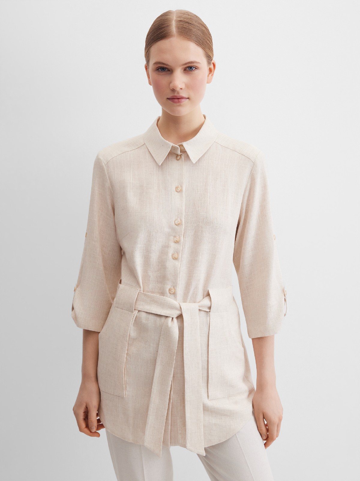 Блузка льняная удлиненная с поясом