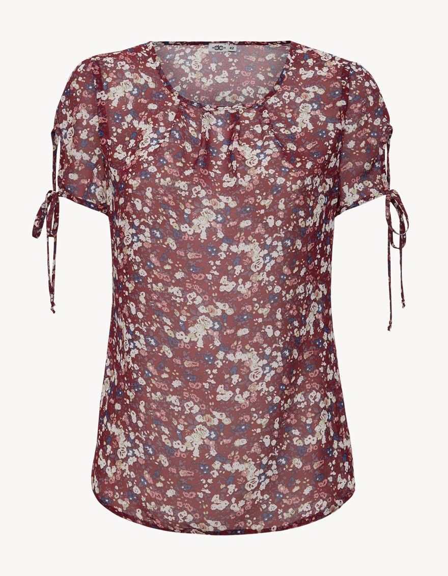 Блуза бордовая с цветочным принтом с коротким рукавом