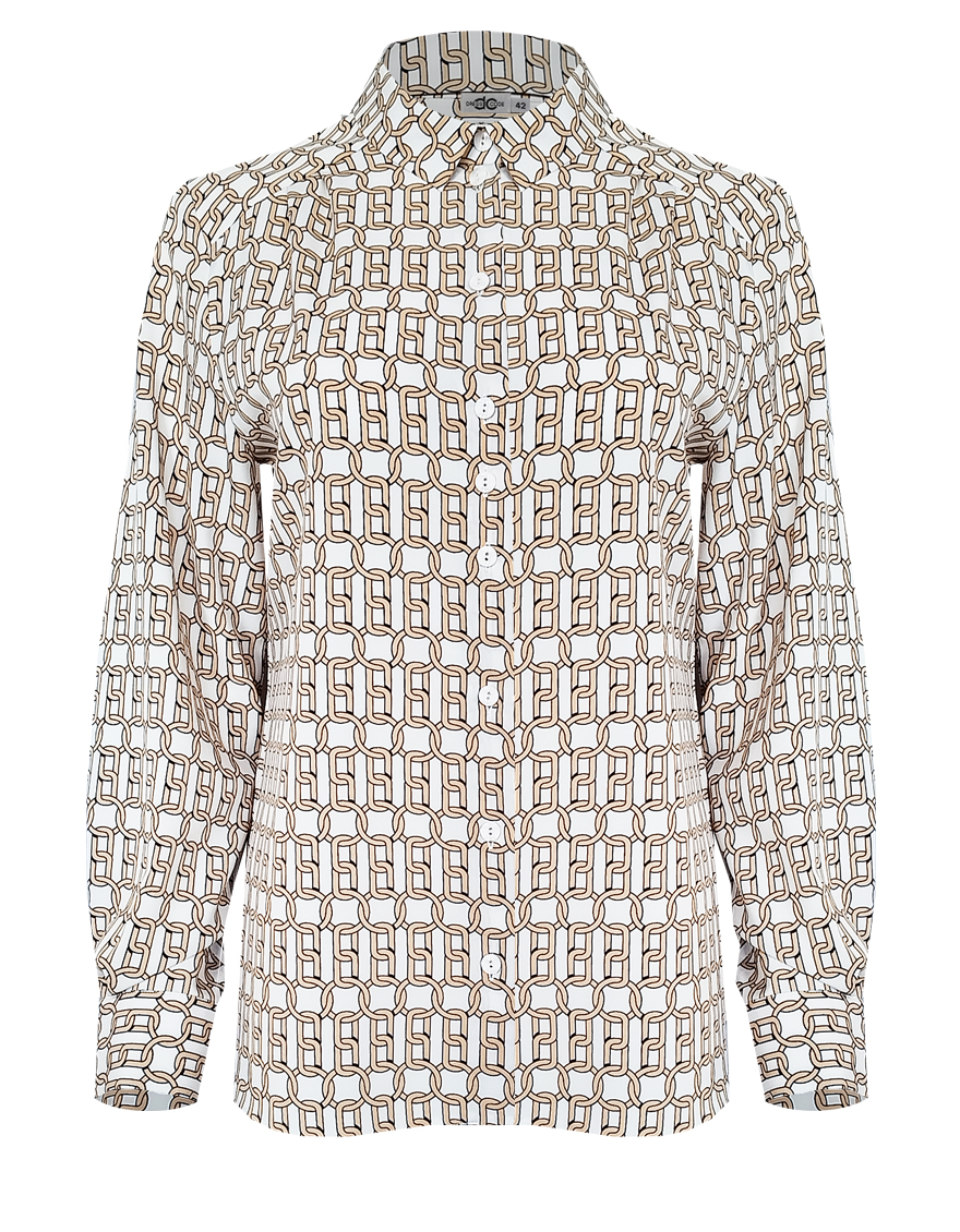 Блузка принтованная со складками на плечах и длинным рукавом