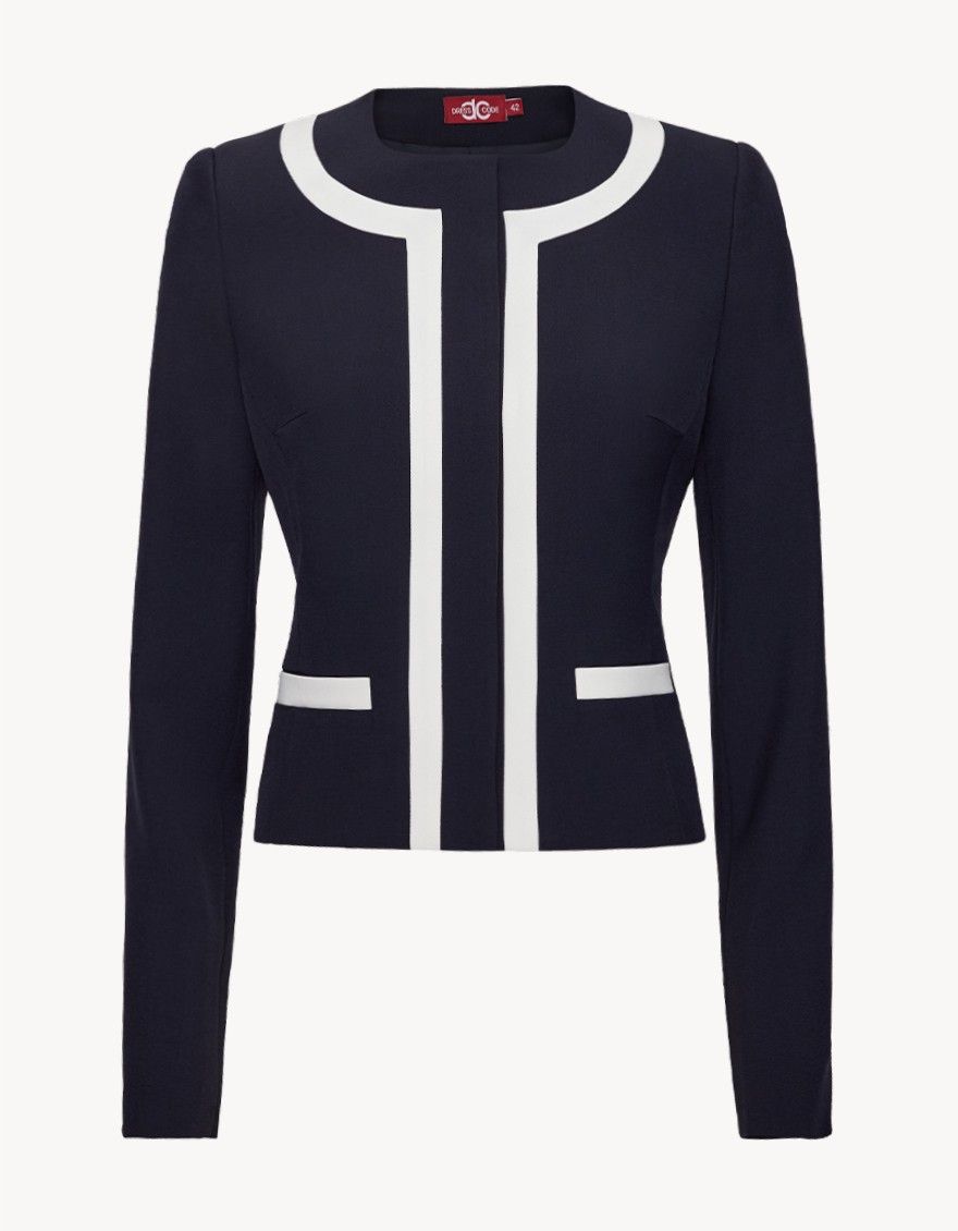 Жакет-пиджак темно-синий с белым кантом классической длины