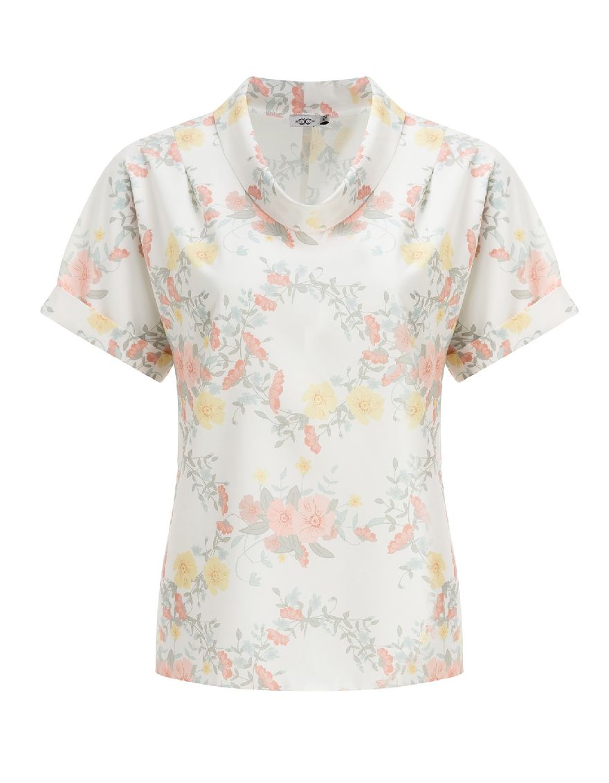 Блуза молочная с цветочным принтом с коротким рукавом