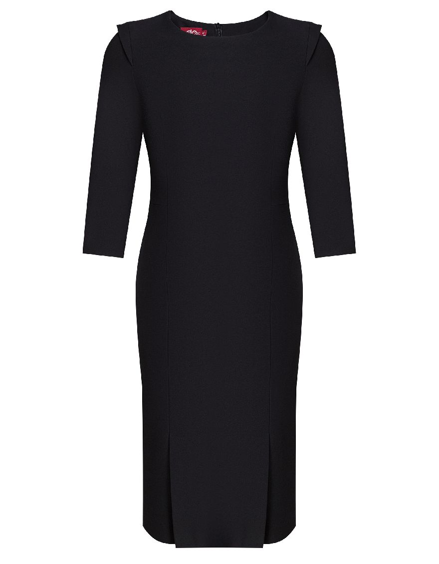 Платье черное средней длины, с рукавом 3/4, спереди разрезы