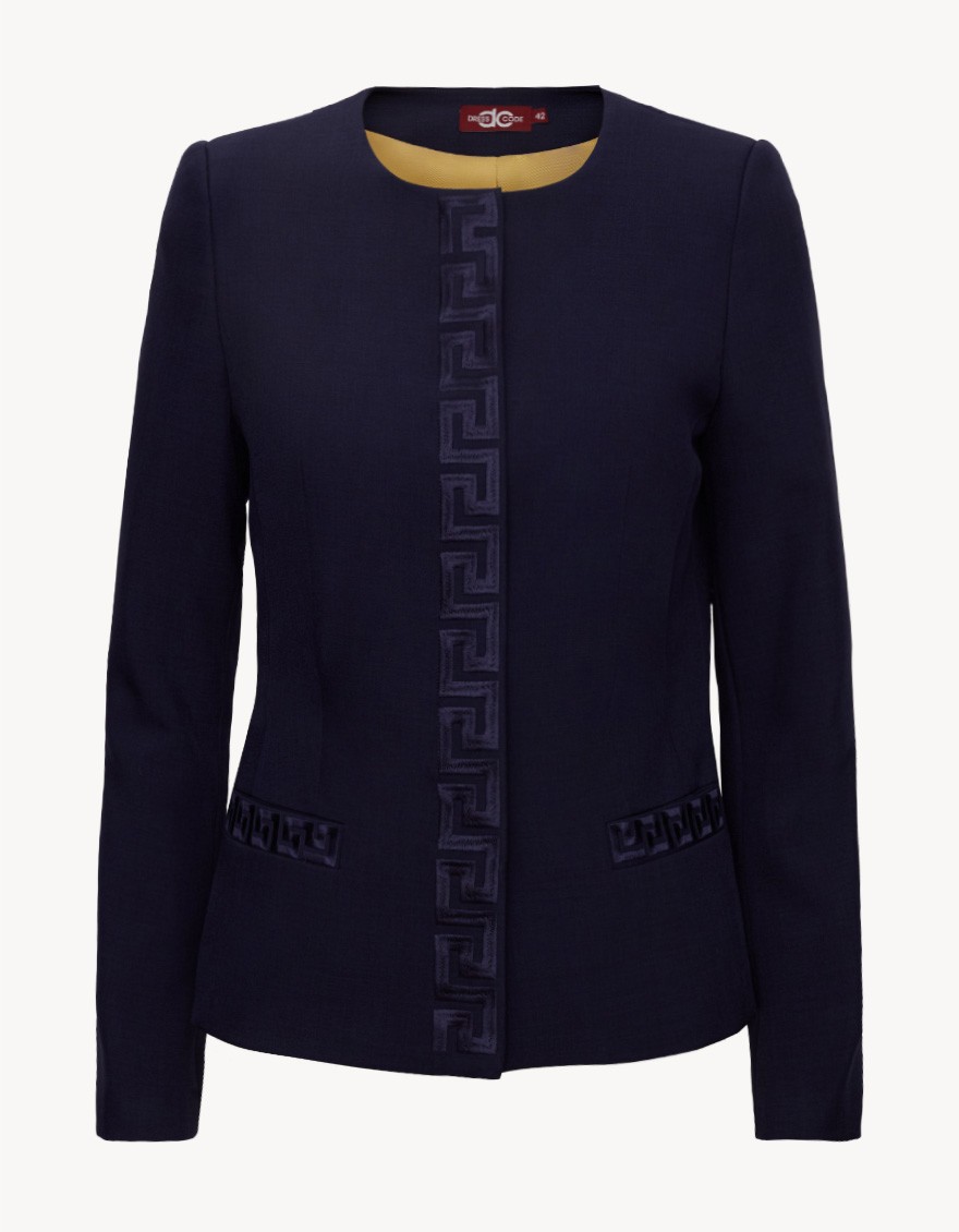 Жакет-пиджак темно-синий с вышивкой классической длины